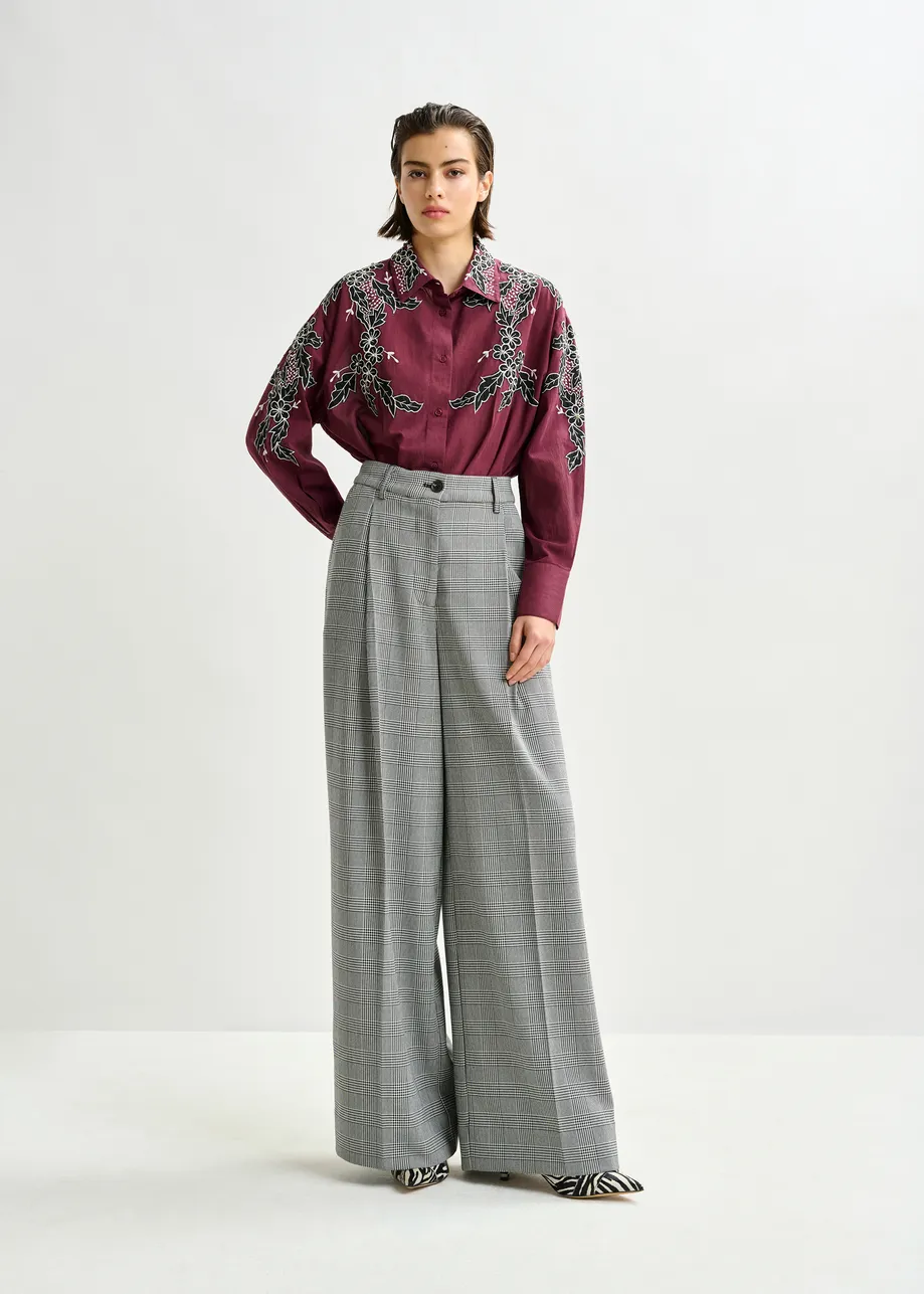 Geruite grijze en zwarte broek met wijde pijpen