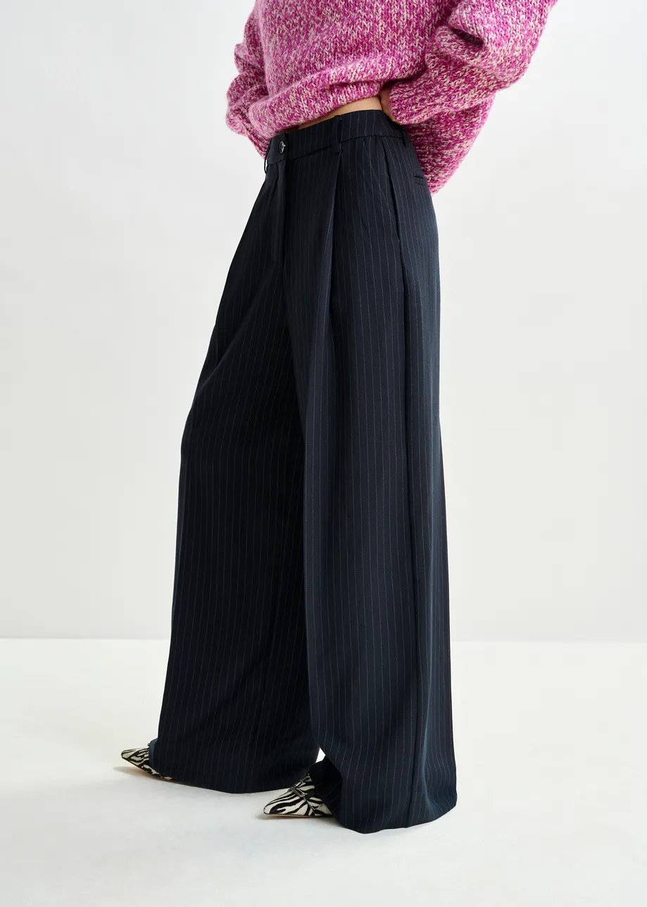 Navy and white pinstripe wide-leg pants