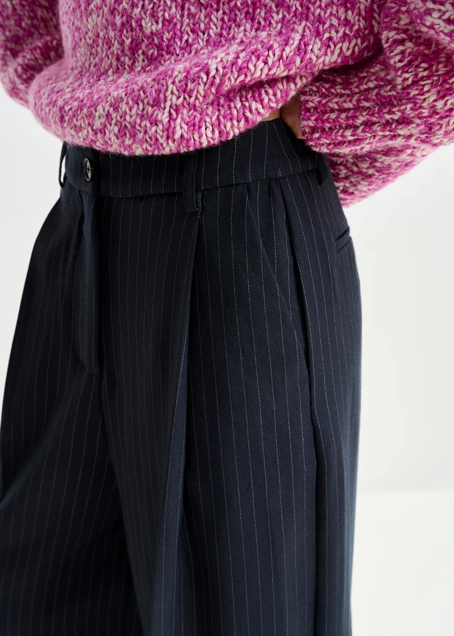 Navy and white pinstripe wide-leg pants