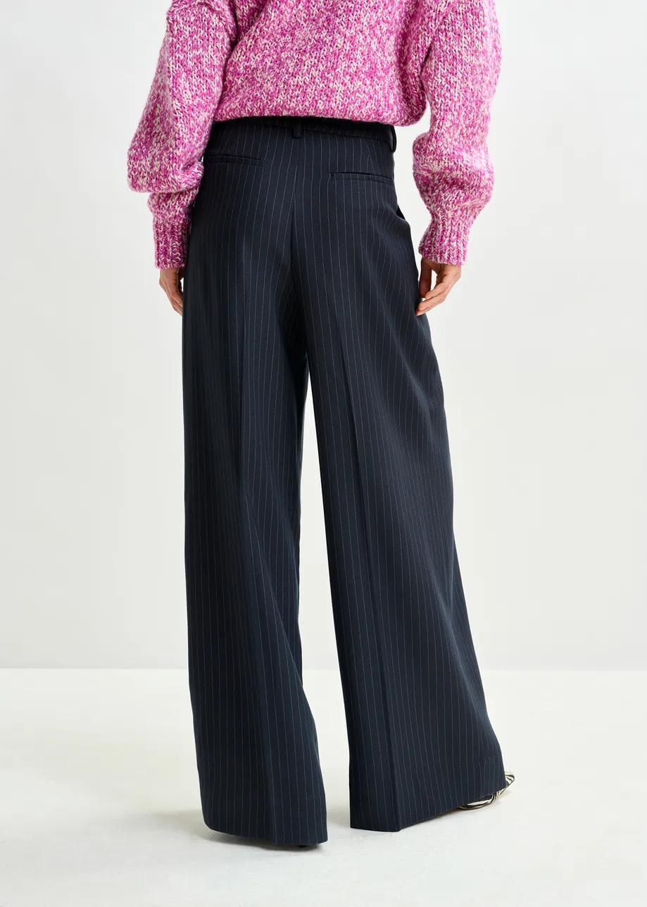 Navy and white pinstripe wide-leg pants
