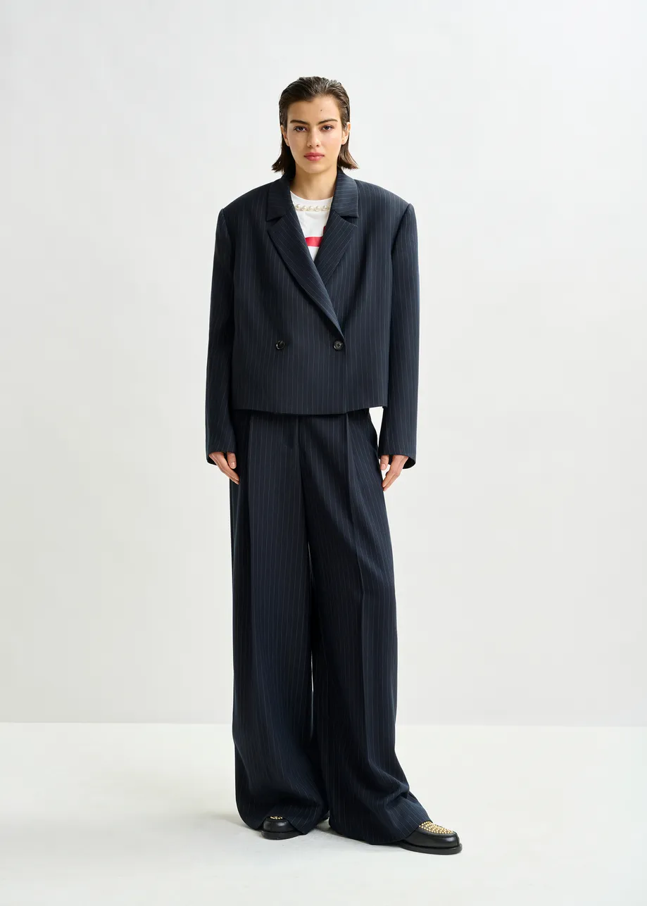 Navy and white pinstripe wide-leg pants