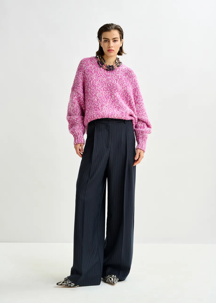Navy and white pinstripe wide-leg pants