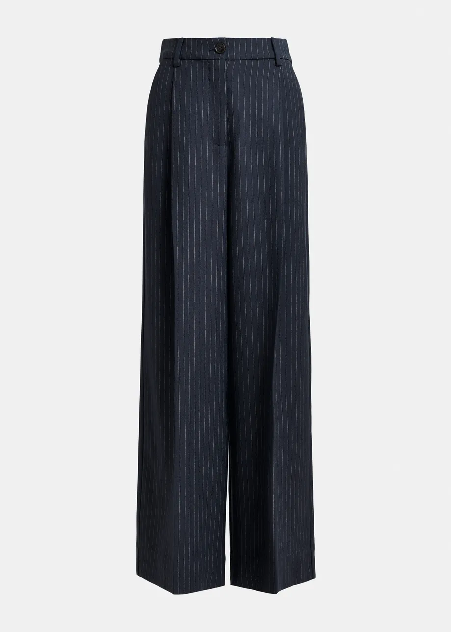 Navy and white pinstripe wide-leg pants
