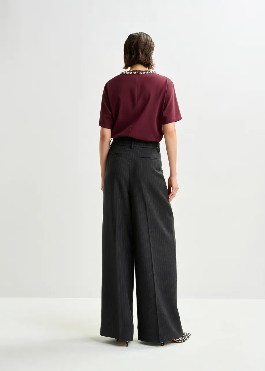 Light grey and dark grey pintripe wide-leg pants