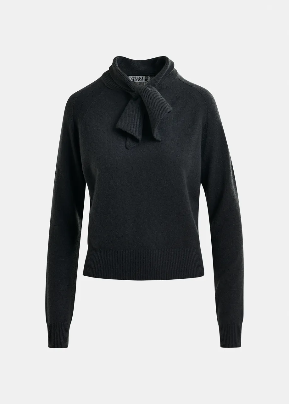 Black cashmere sweater with pussy-bow tie