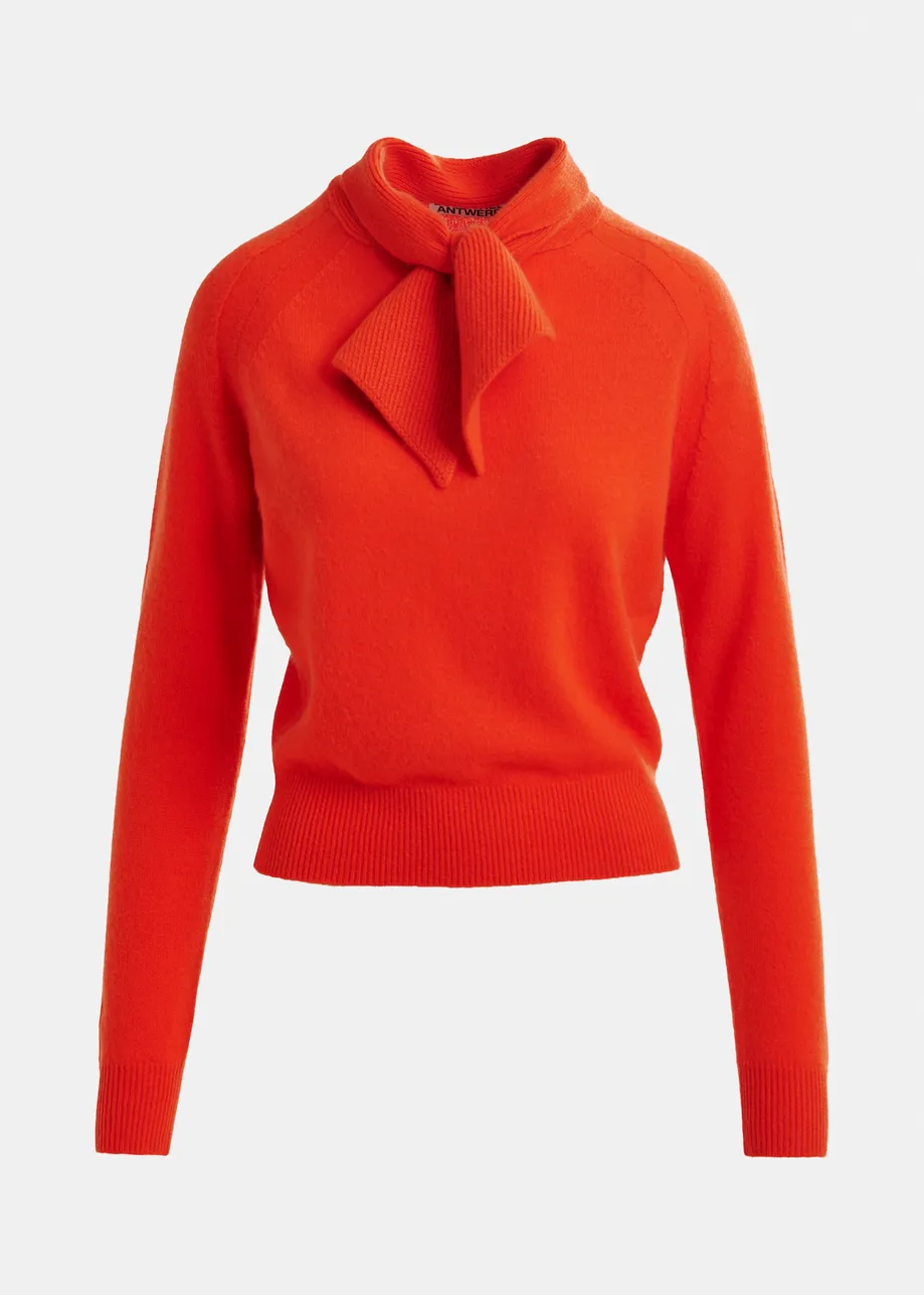 Orange cashmere sweater with pussy-bow tie