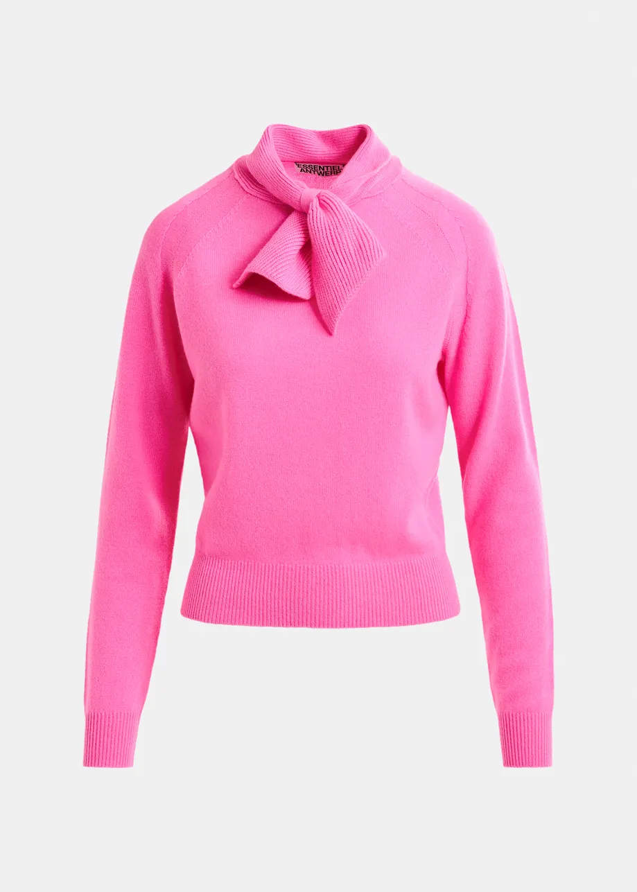 Pink cashmere sweater with pussy-bow tie