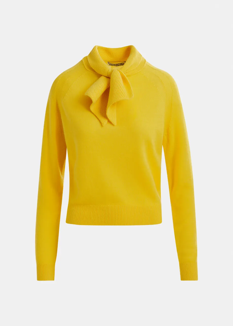 Yellow cashmere sweater with pussy-bow tie