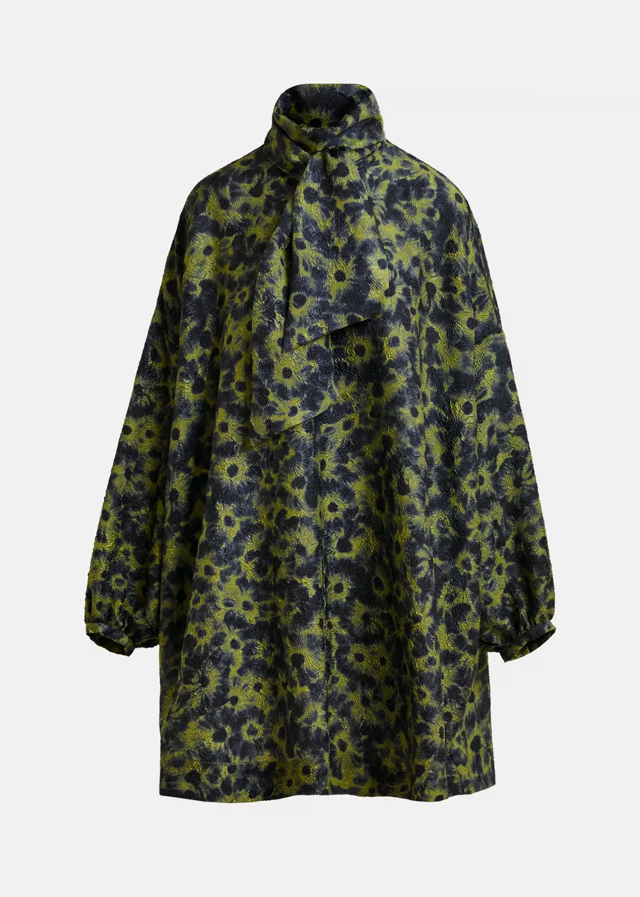 Dark blue and khaki jacquard mini dress with pussy bow tie