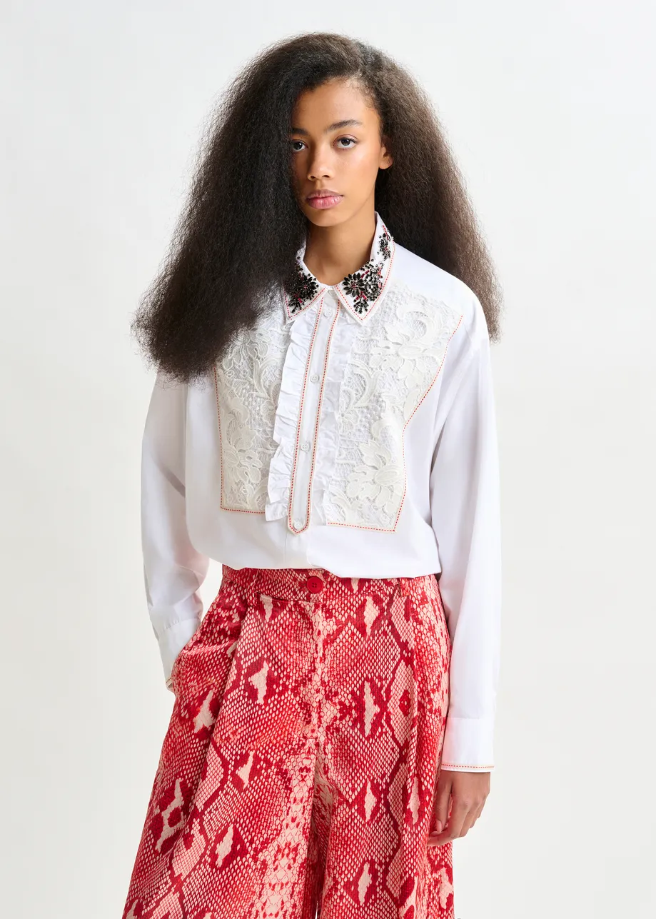White, beige and red embroidered lace-panel cotton shirt