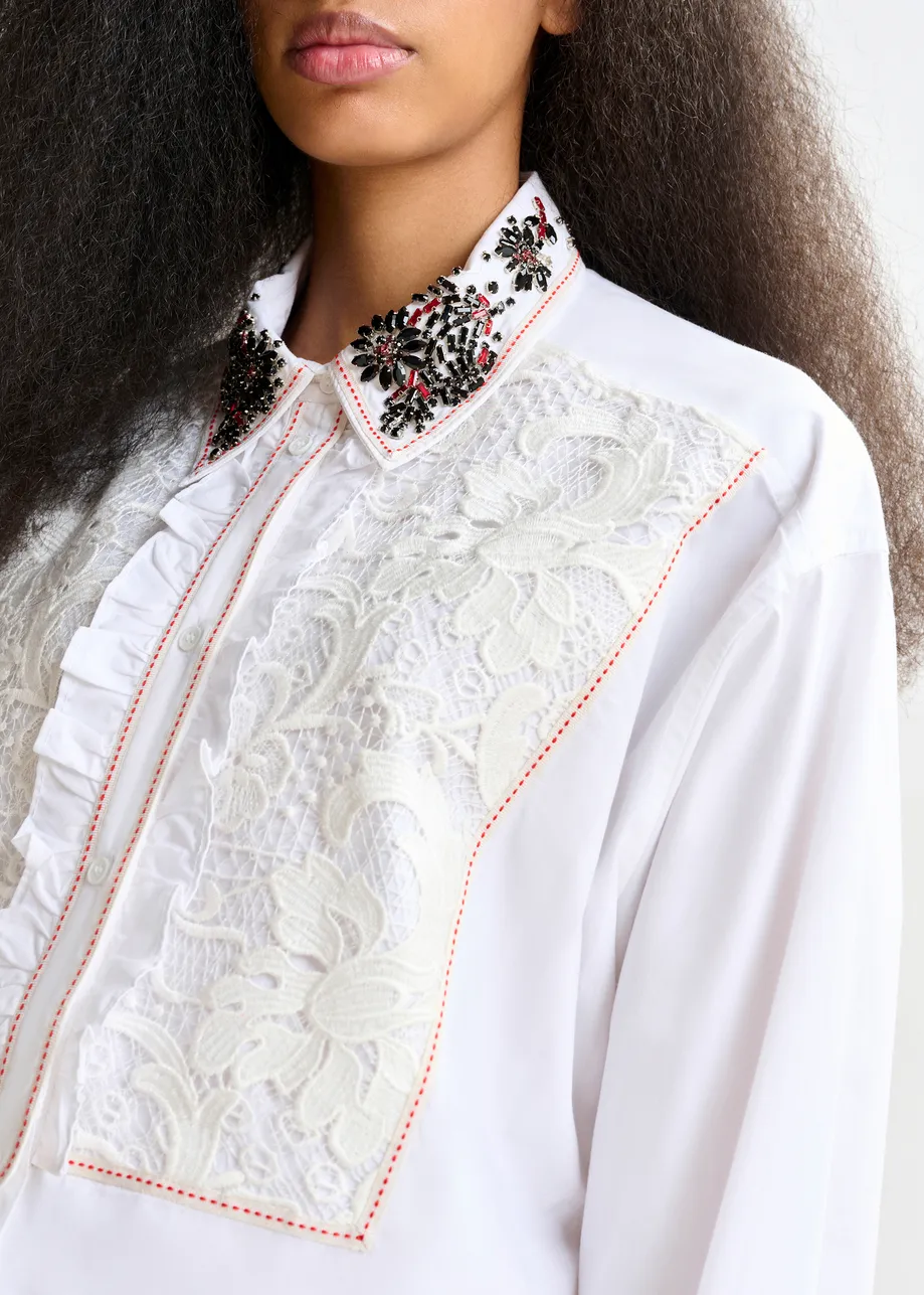White, beige and red embroidered lace-panel cotton shirt