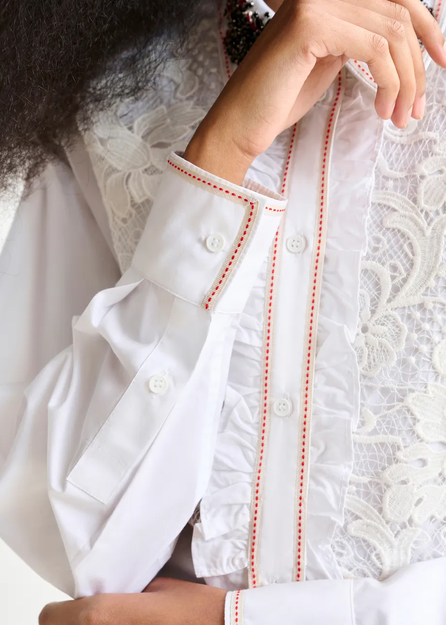 White, beige and red embroidered lace-panel cotton shirt