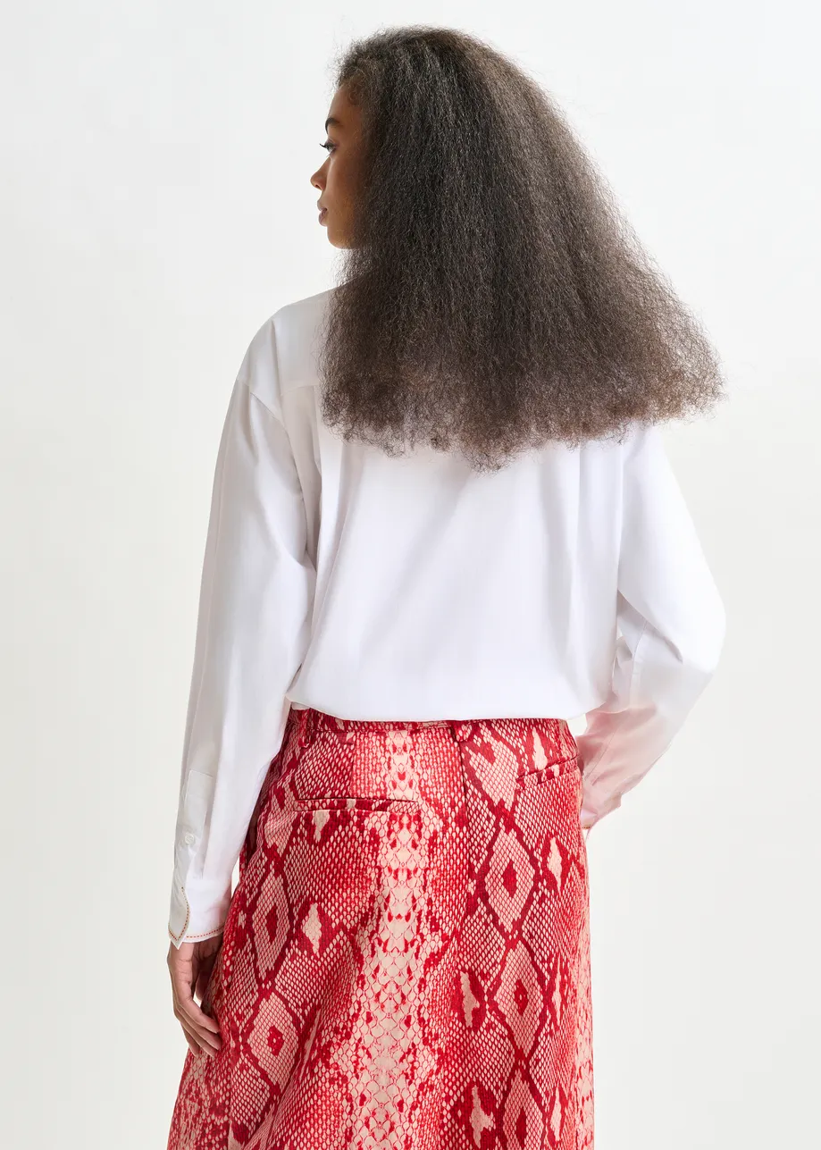 White, beige and red embroidered lace-panel cotton shirt