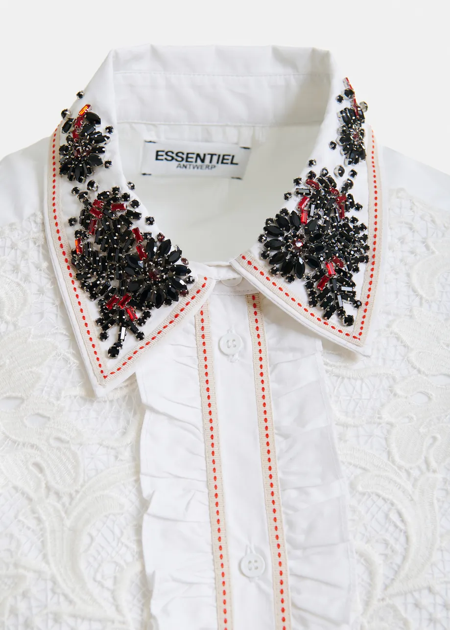 White, beige and red embroidered lace-panel cotton shirt