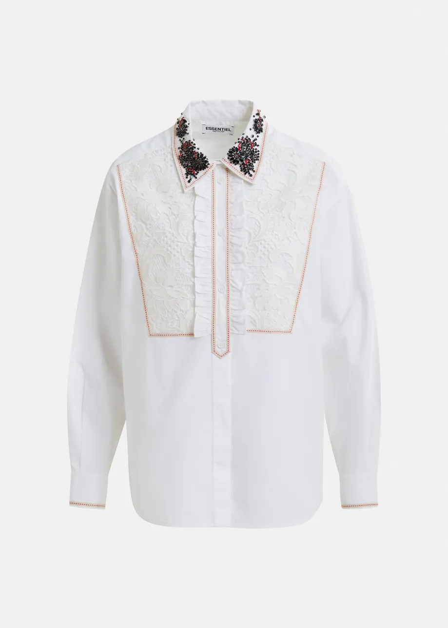 White, beige and red embroidered lace-panel cotton shirt