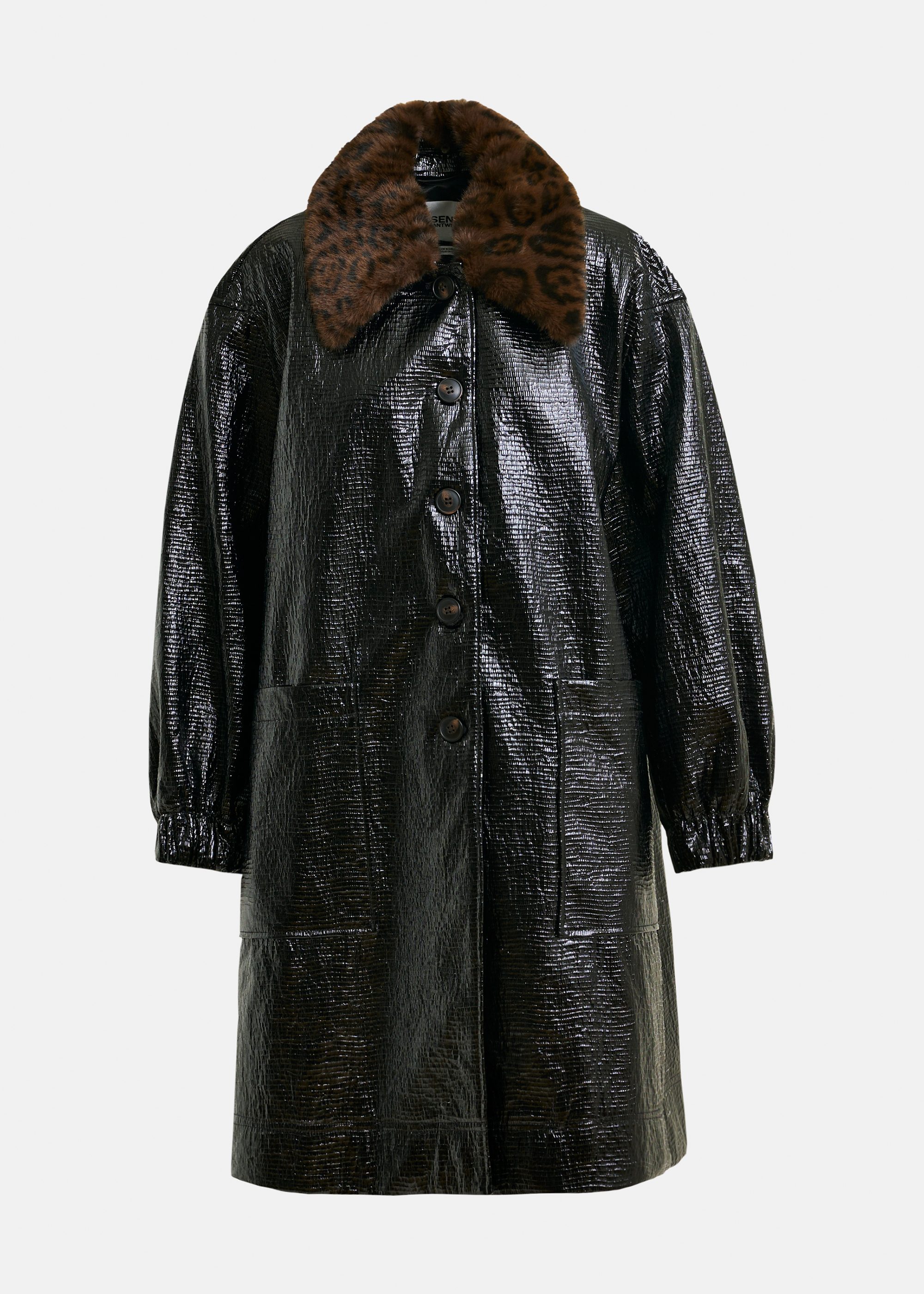 Black glossy coat with removable leopard print faux fur collar