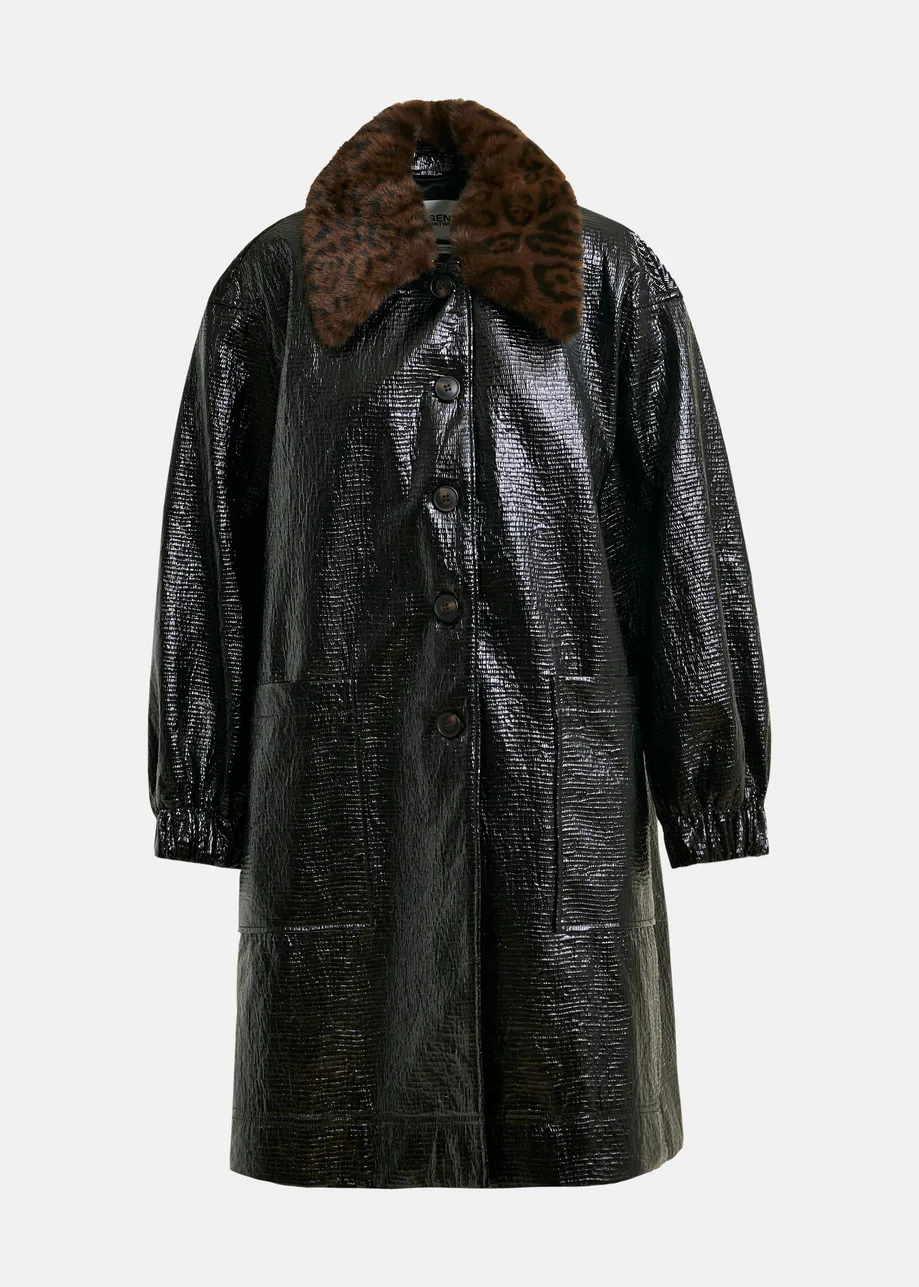 Navy glossy coat with removable leopard print faux fur collar