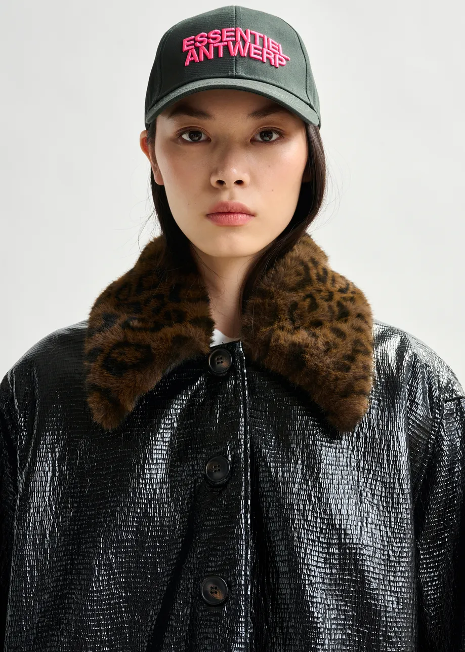 Navy glossy coat with removable leopard print faux fur collar