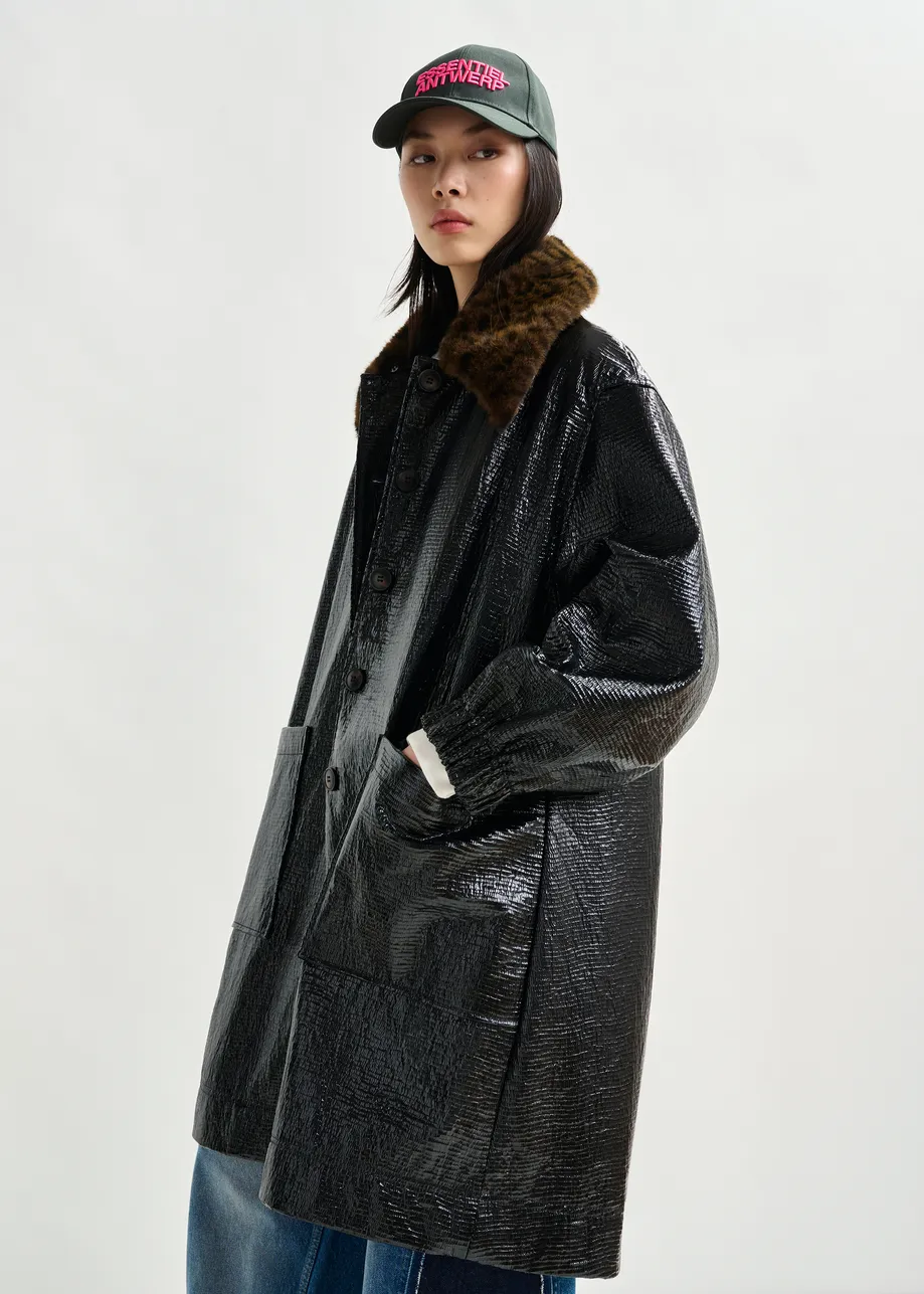 Navy glossy coat with removable leopard print faux fur collar