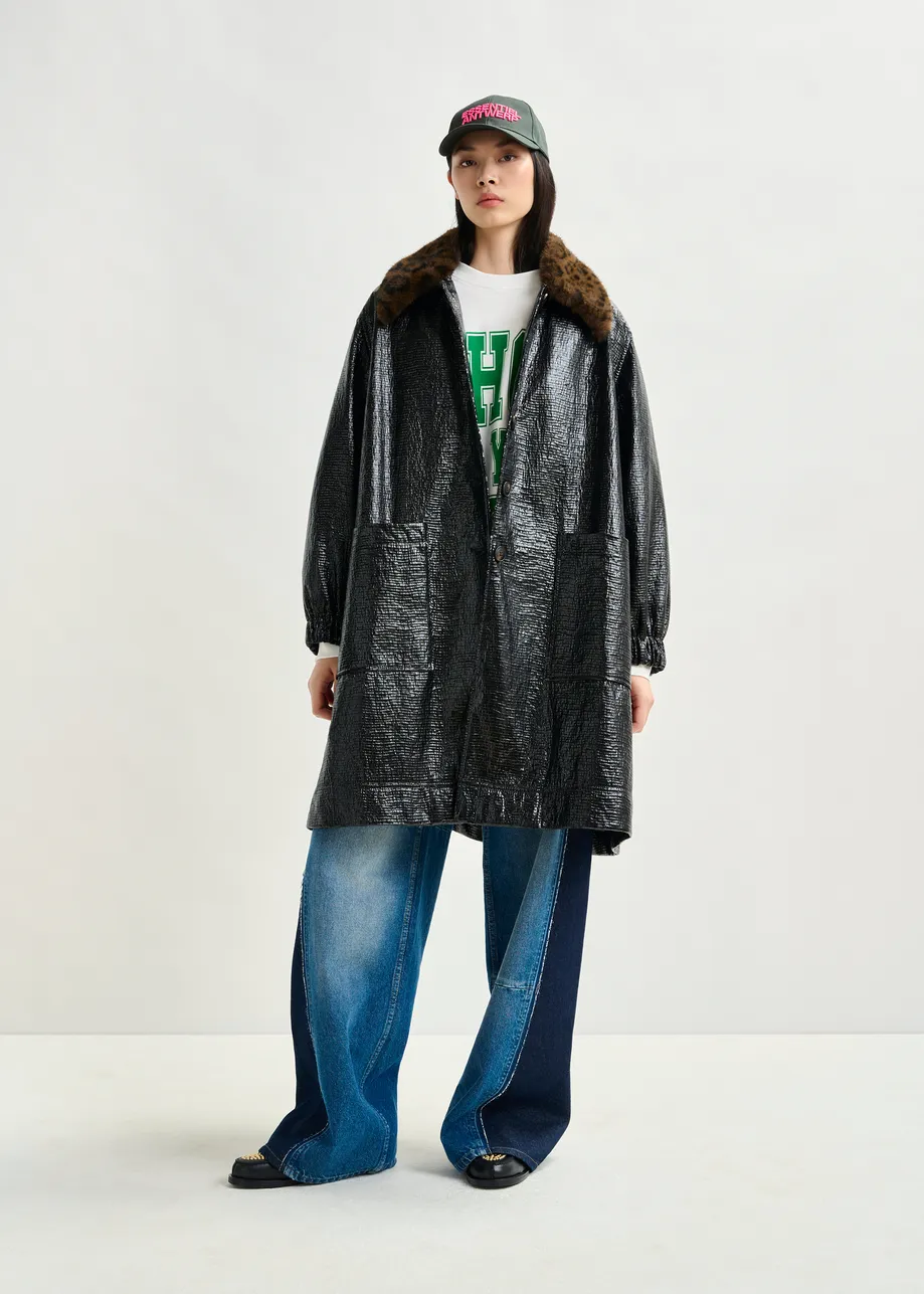 Navy glossy coat with removable leopard print faux fur collar