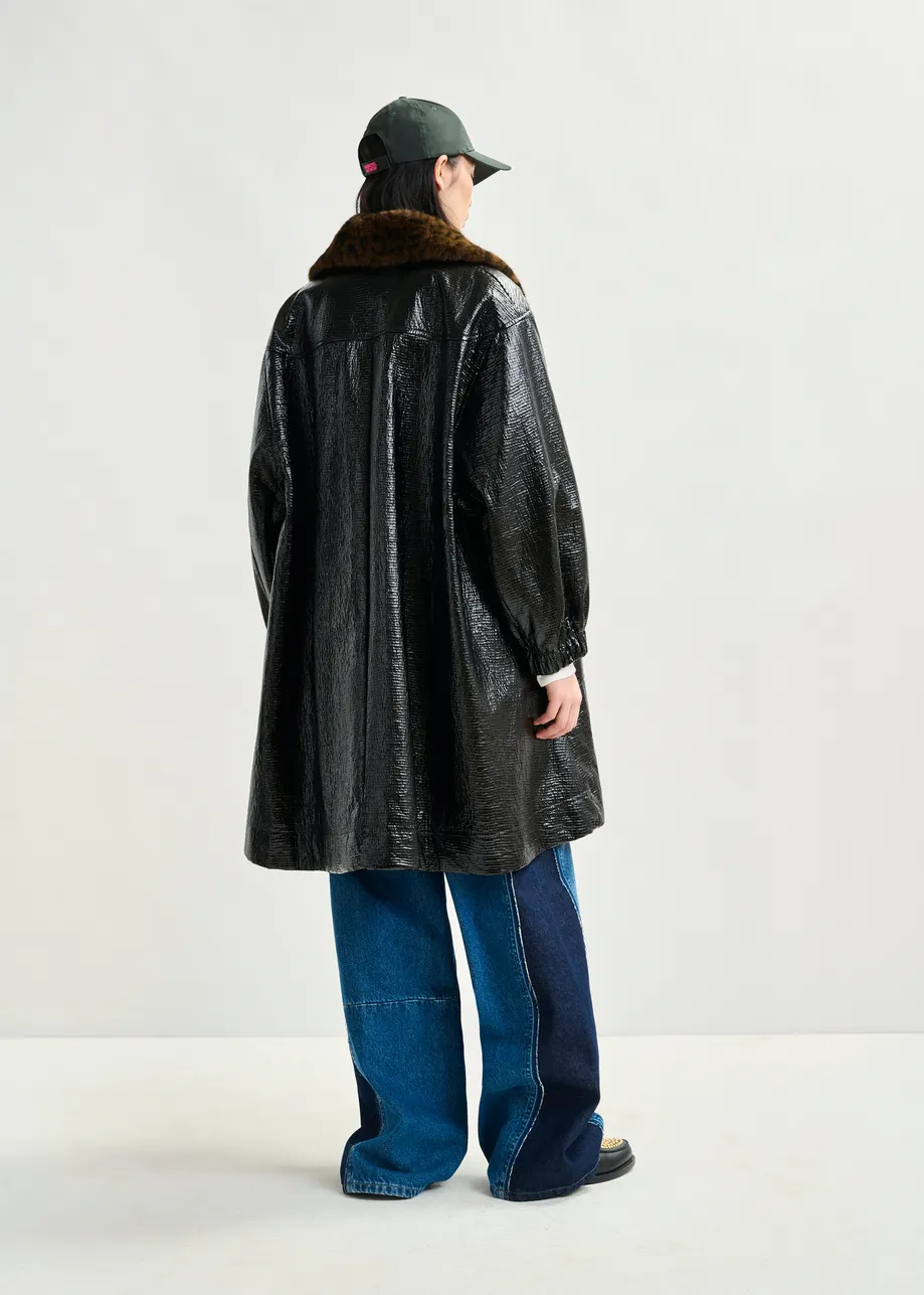 Navy glossy coat with removable leopard print faux fur collar