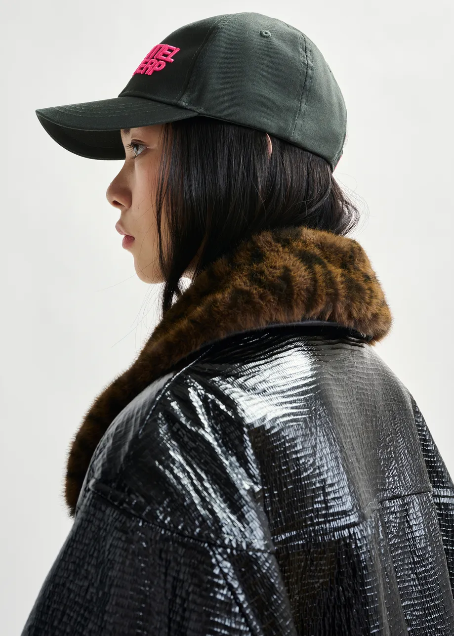 Navy glossy coat with removable leopard print faux fur collar