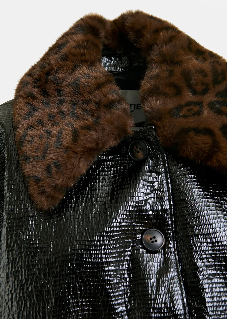 Navy glossy coat with removable leopard print faux fur collar