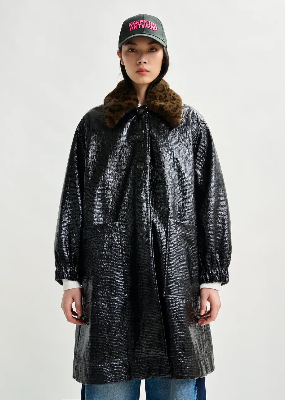 Navy glossy coat with removable leopard print faux fur collar