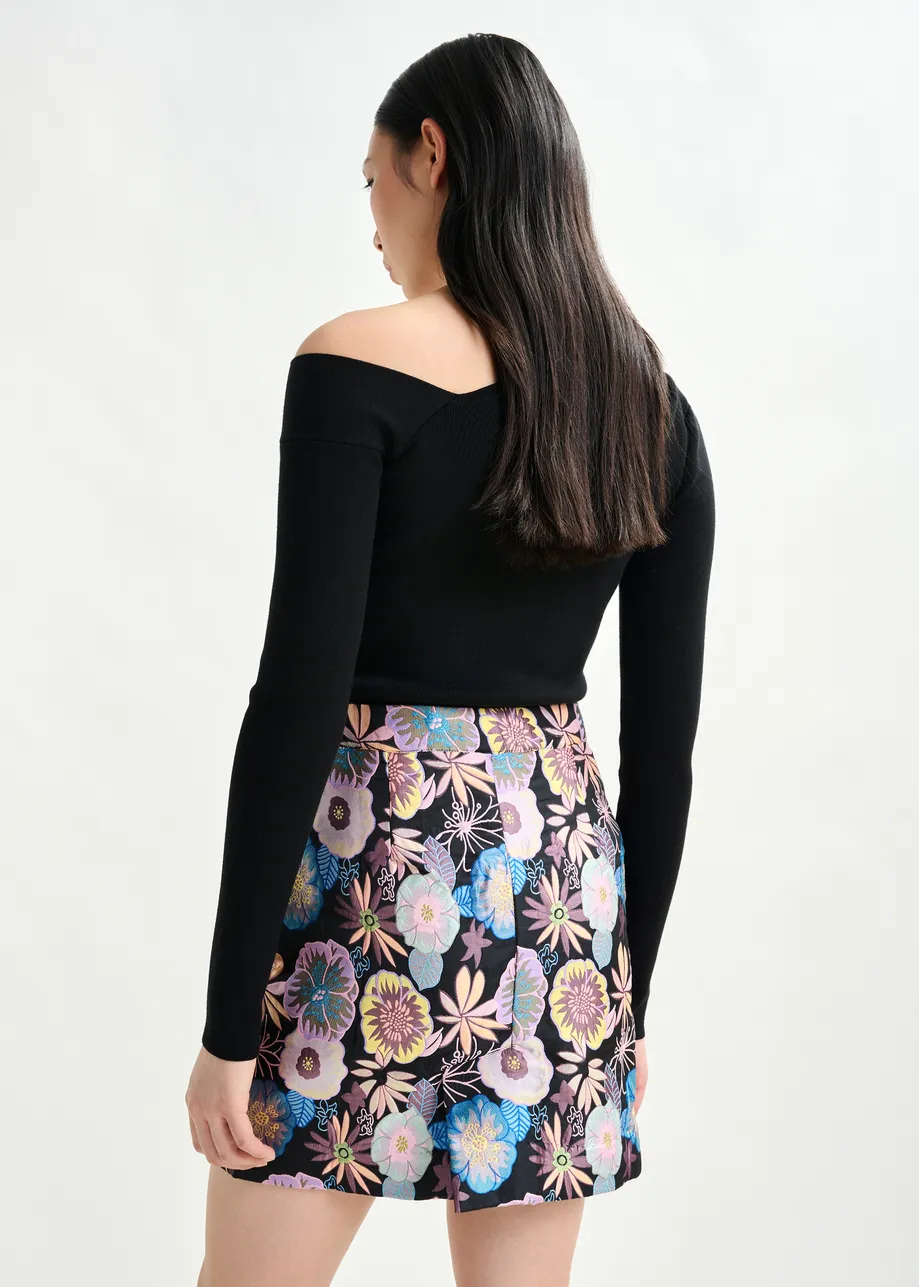 Multicolor floral jacquard mini skirt with sequin and bead embellishments