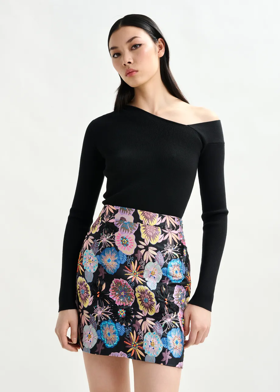 Multicolor floral jacquard mini skirt with sequin and bead embellishments