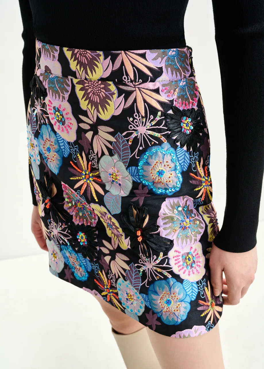 Multicolor floral jacquard mini skirt with sequin and bead embellishments