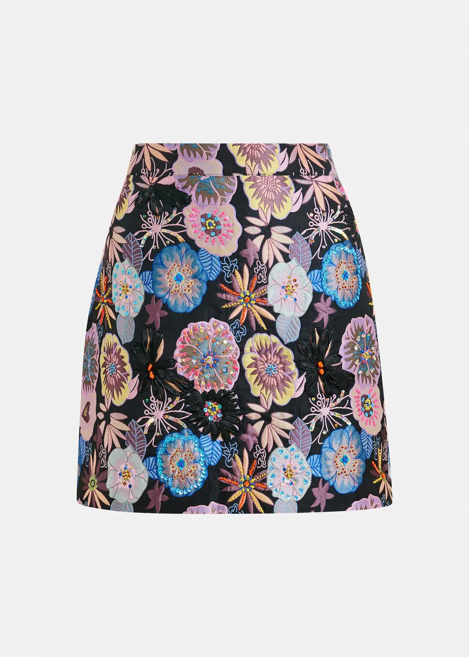 Veelkleurige minirok in bloemenjacquard met pailletten