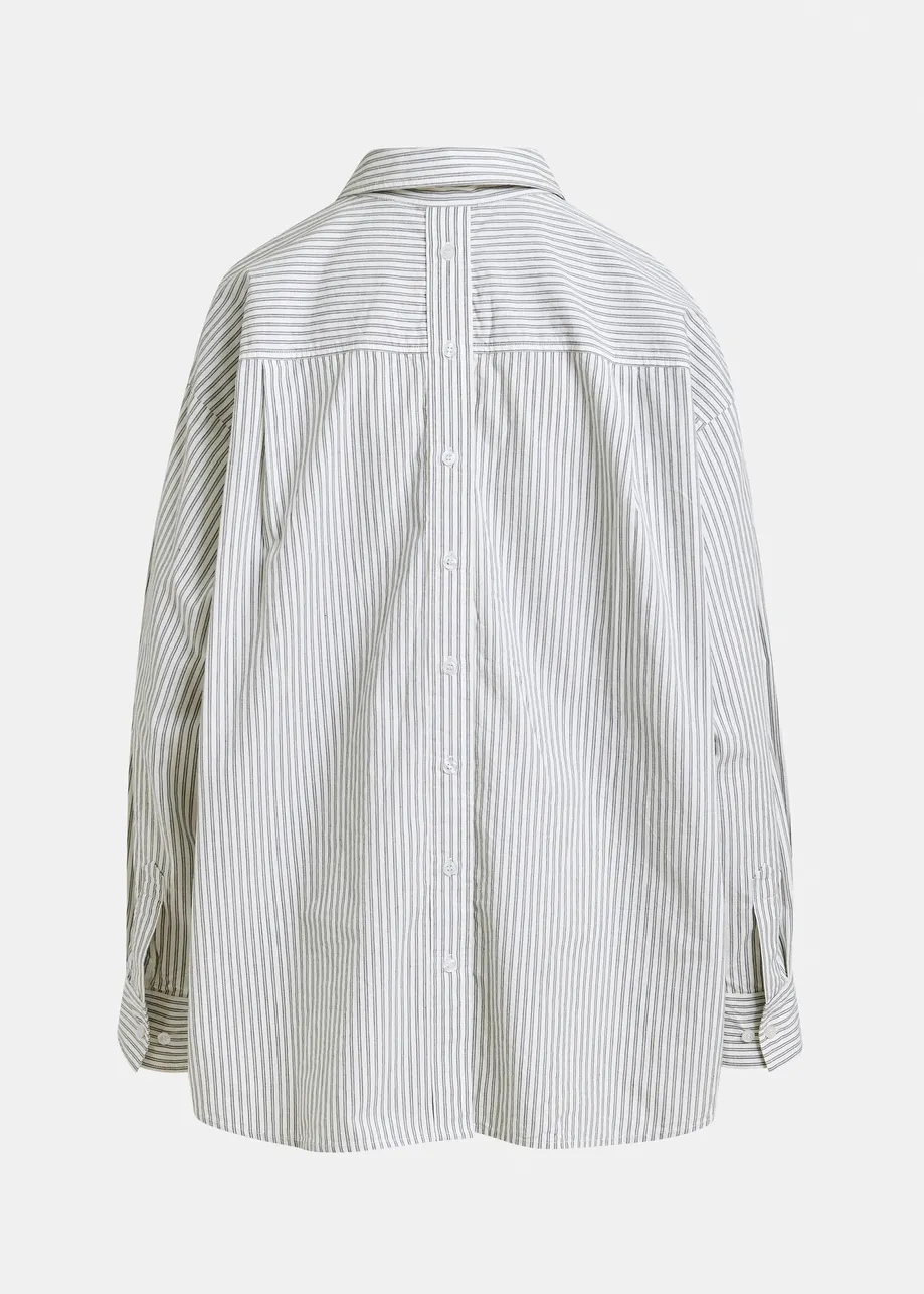 Blue, white and burgundy striped cotton shirt with 'e' embroidery