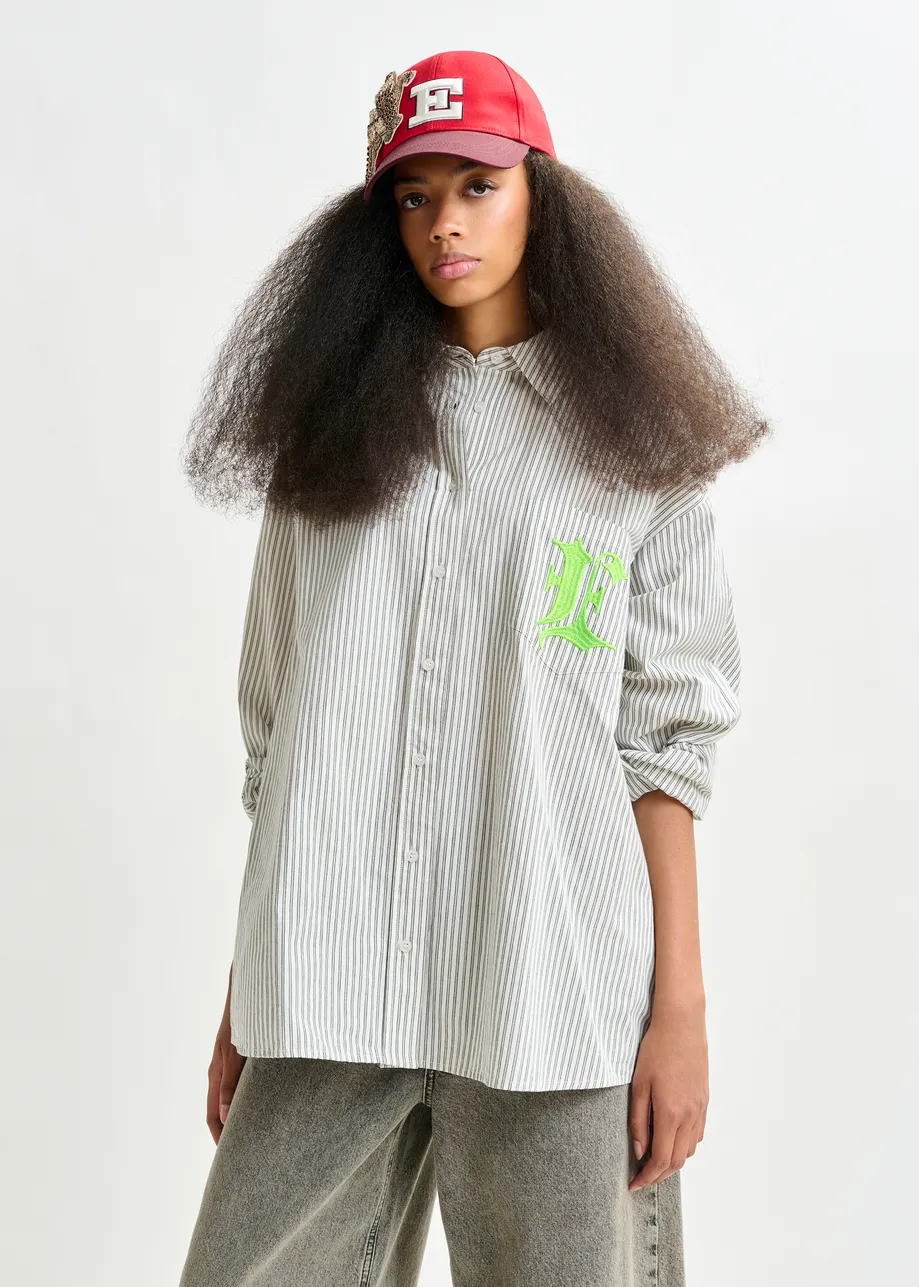 Blue, white and burgundy striped cotton shirt with 'e' embroidery