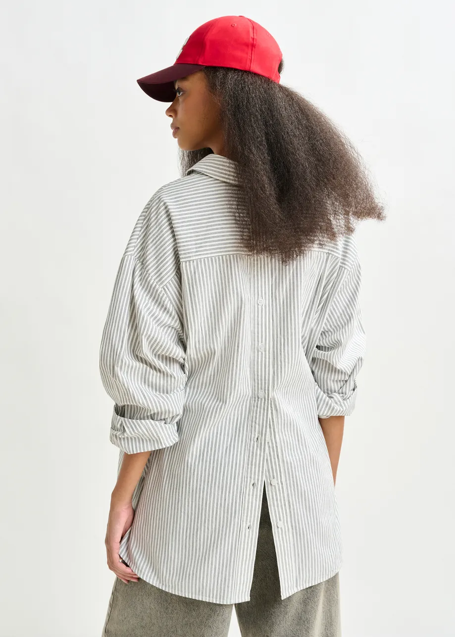 Blue, white and burgundy striped cotton shirt with 'e' embroidery