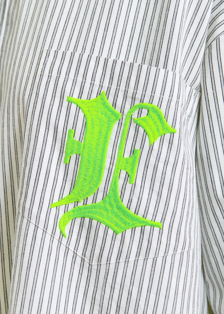 Blue, white and burgundy striped cotton shirt with 'e' embroidery