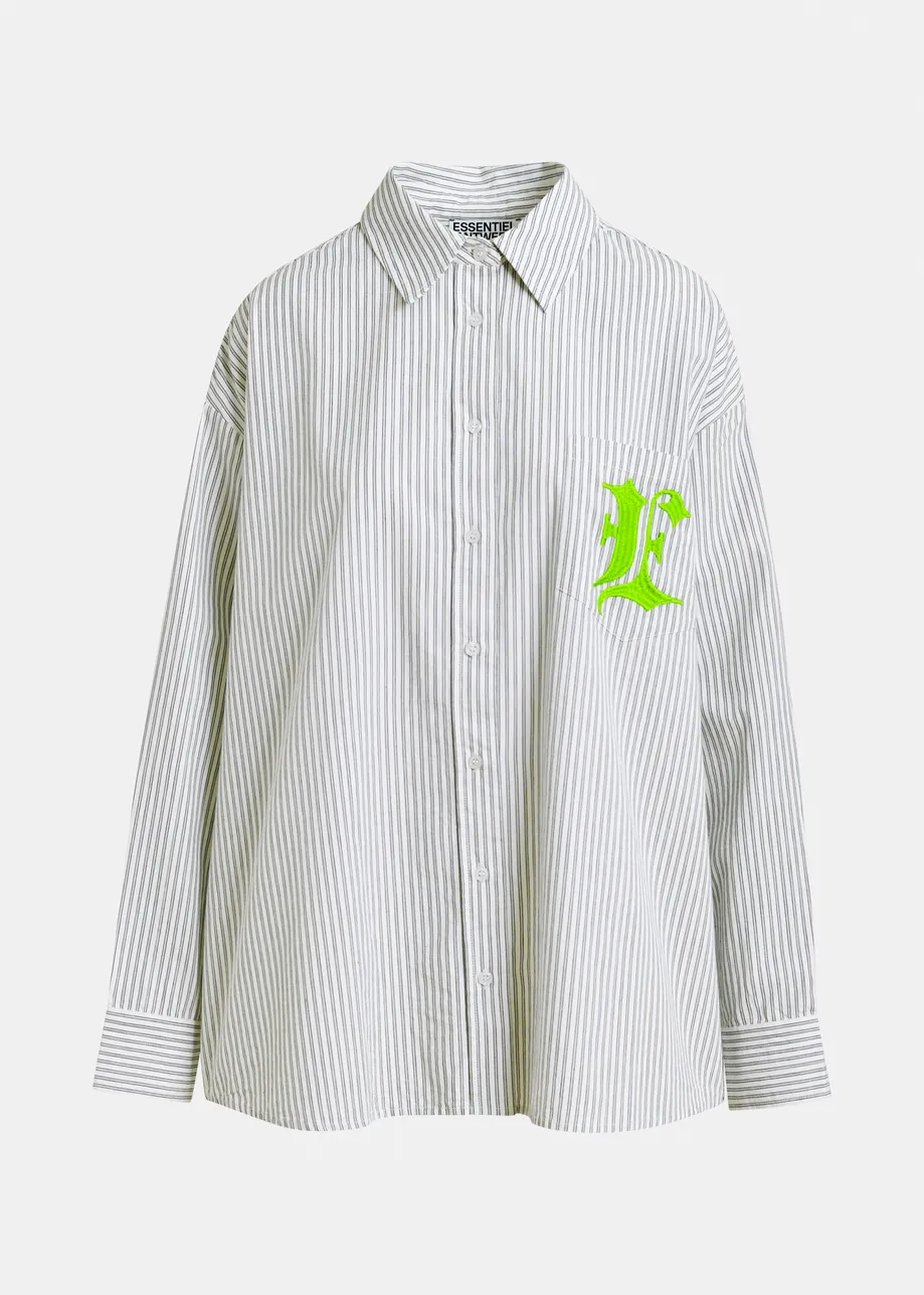 Blue, white and burgundy striped cotton shirt with 'e' embroidery