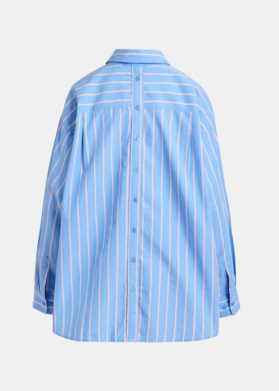 Grey, white and green striped cotton shirt with 'e' embroidery