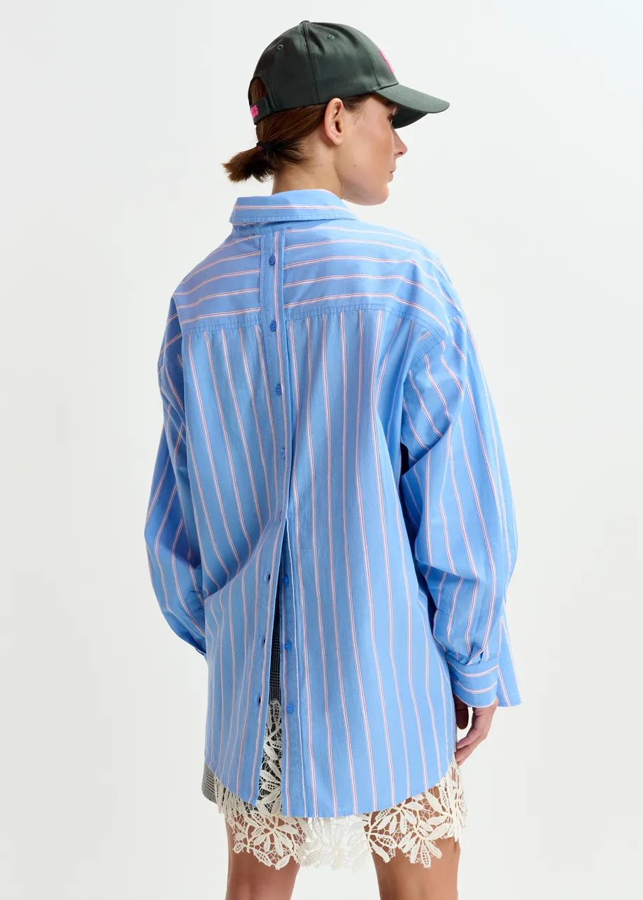 Grey, white and green striped cotton shirt with 'e' embroidery