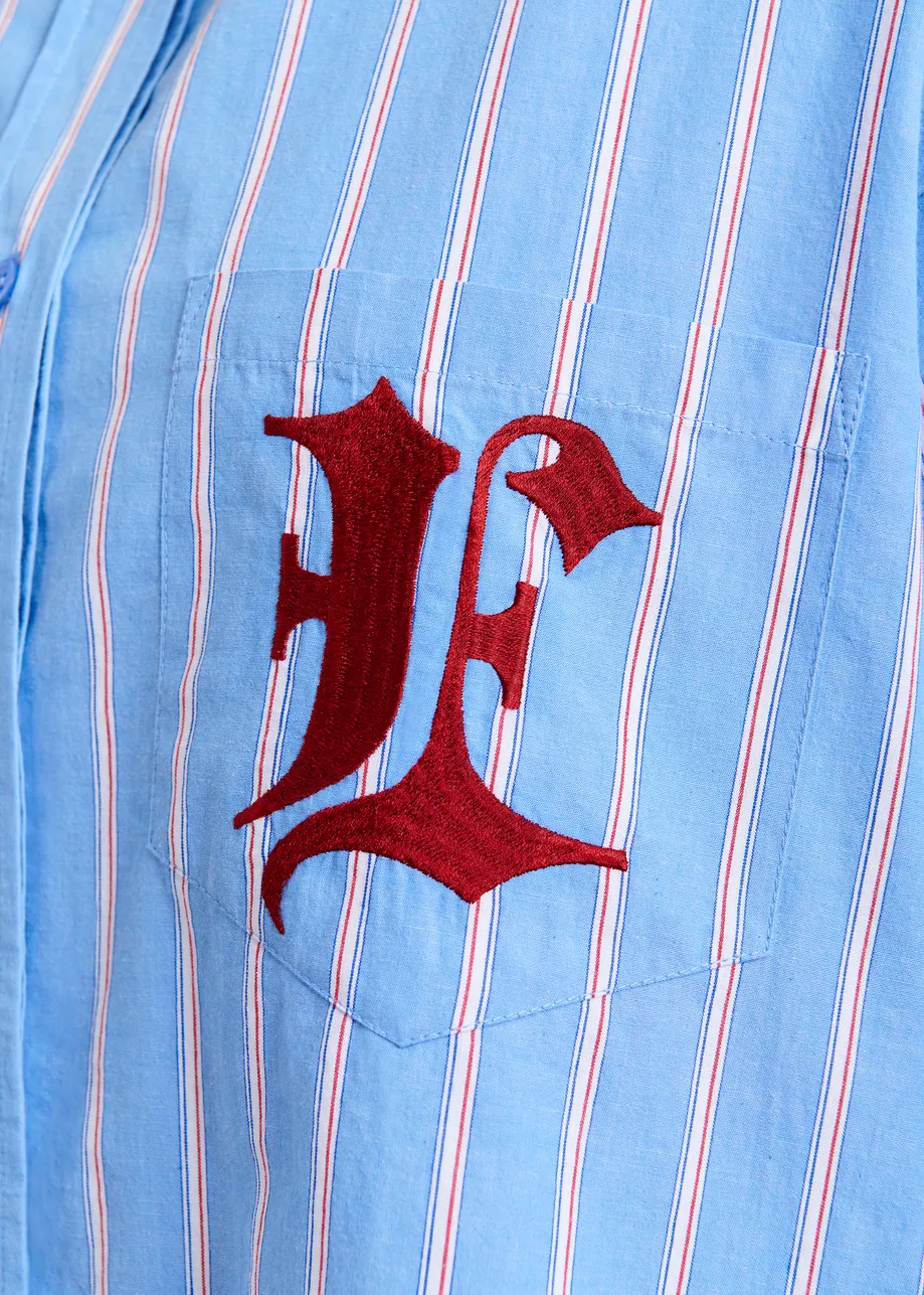 Grey, white and green striped cotton shirt with 'e' embroidery