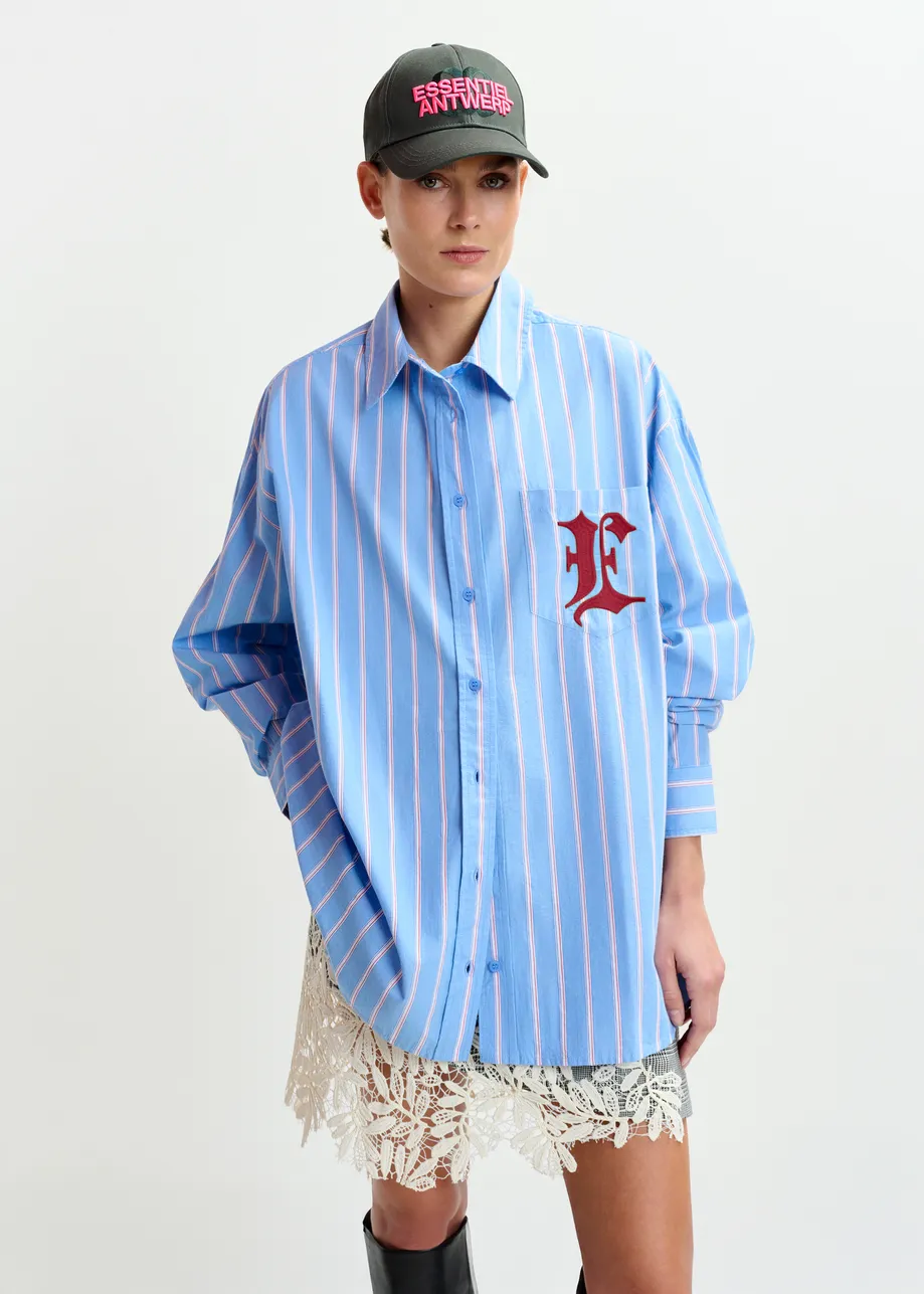 Grey, white and green striped cotton shirt with 'e' embroidery