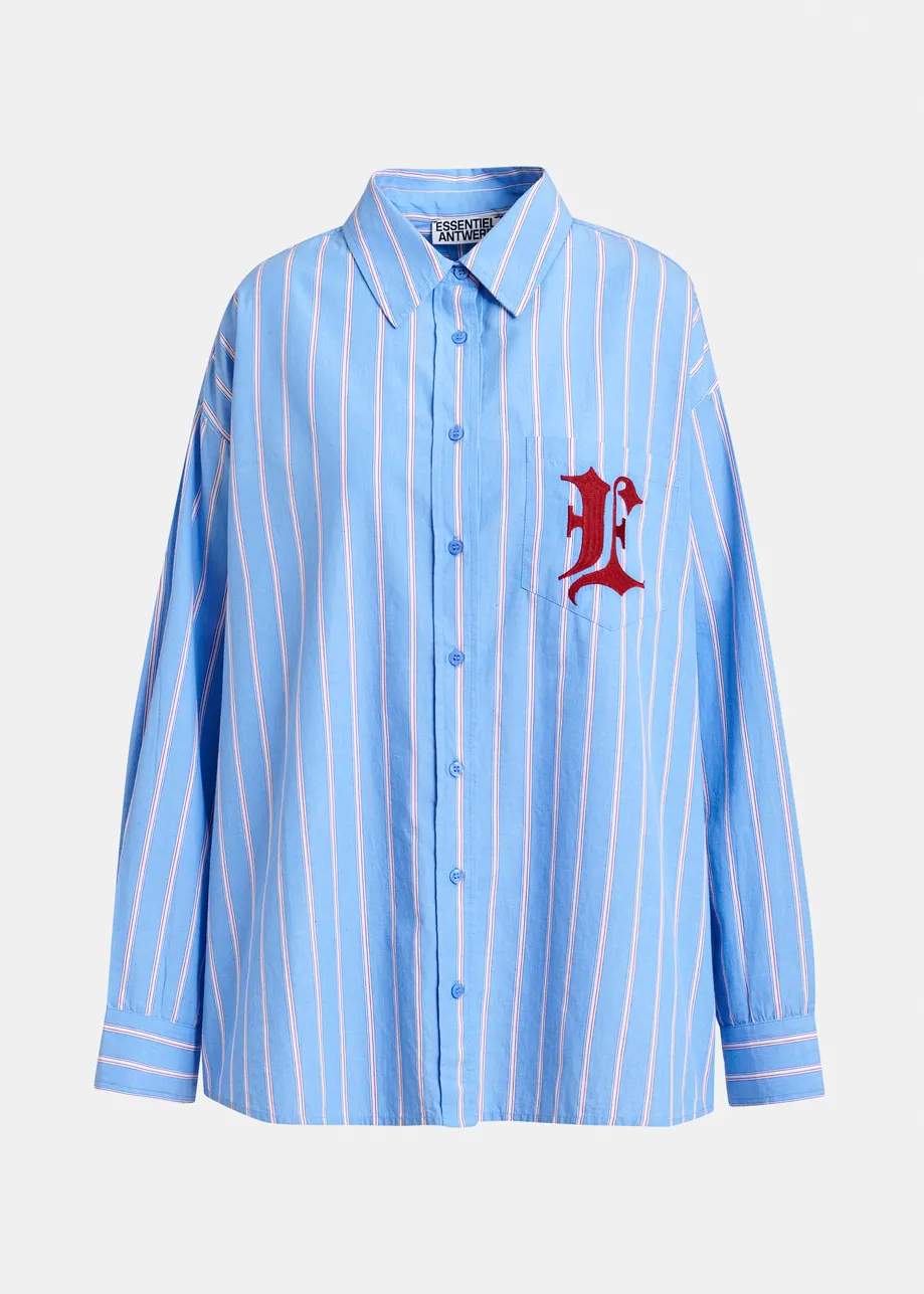 Grey, white and green striped cotton shirt with 'e' embroidery