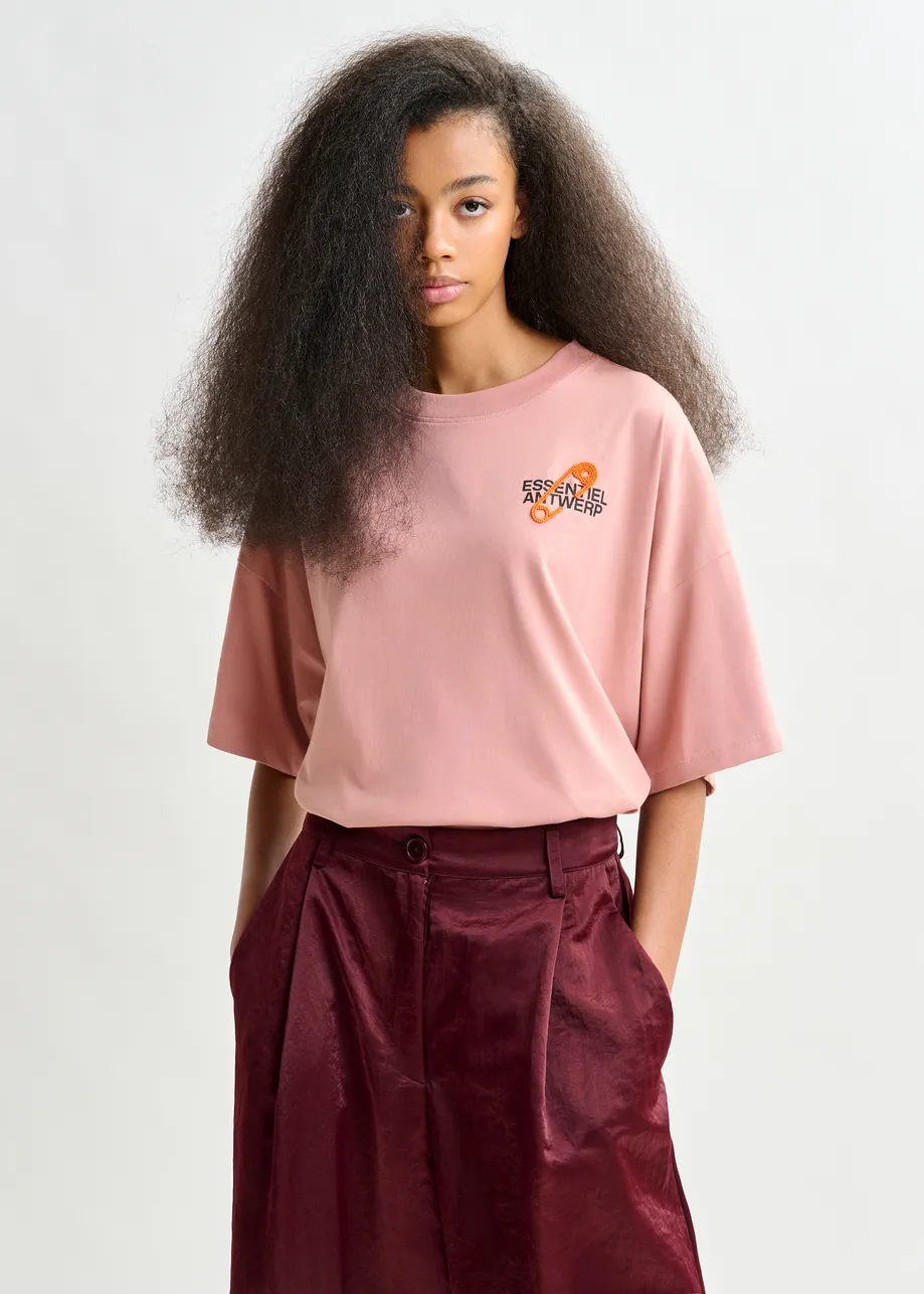 Vintage pink and orange cotton T-shirt with bead embroidery