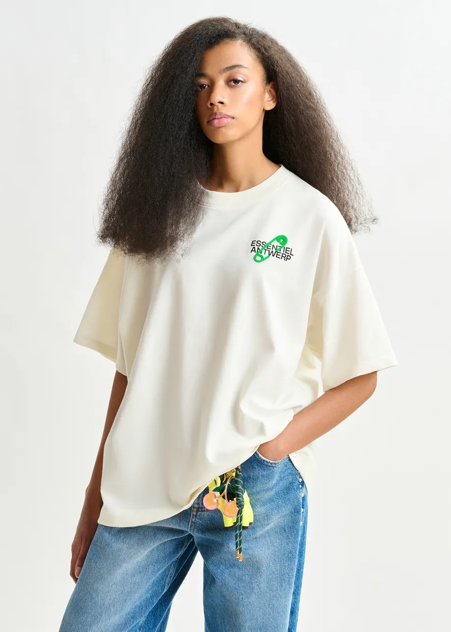 Off-white and green cotton T-shirt with bead embroidery