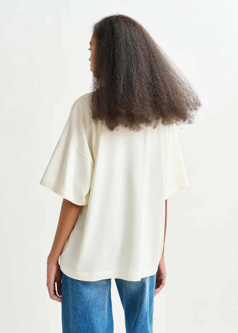 Off-white and green cotton T-shirt with bead embroidery