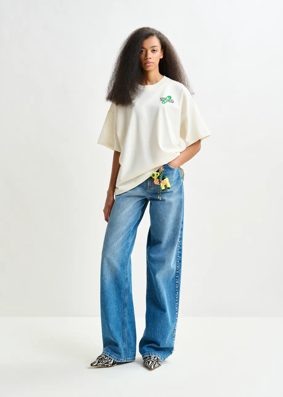 Off-white and green cotton T-shirt with bead embroidery