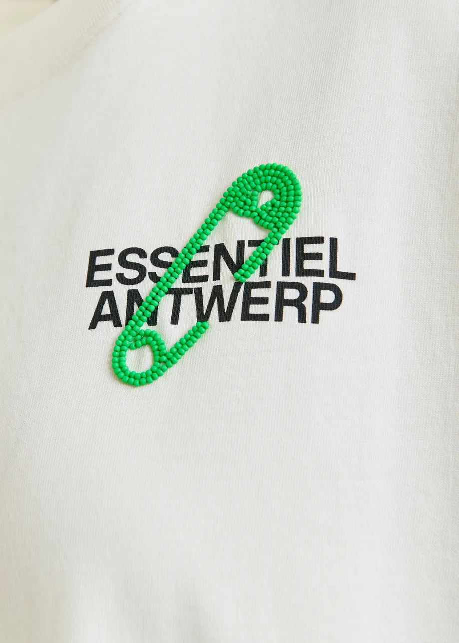 Off-white and green cotton T-shirt with bead embroidery