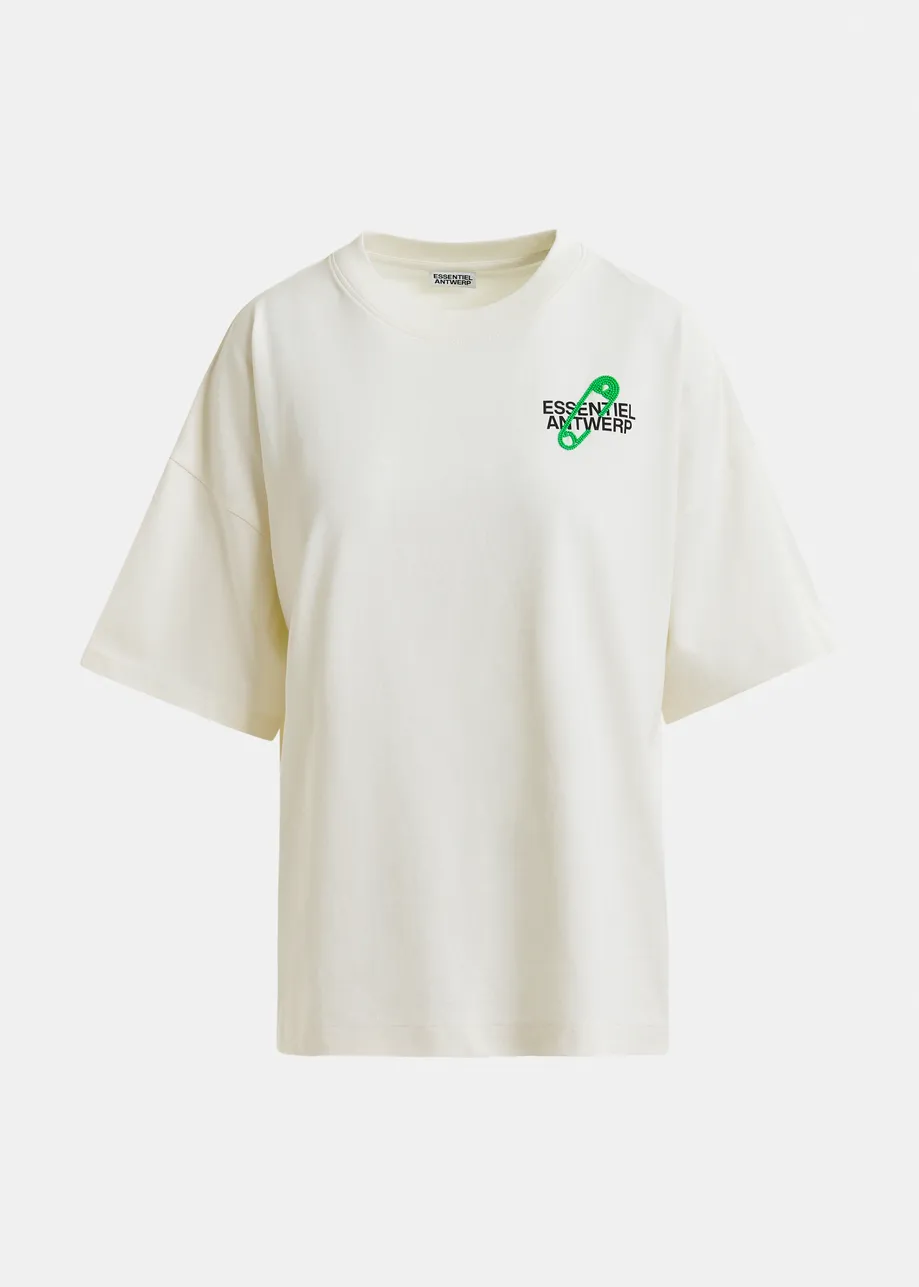 Off-white and green cotton T-shirt with bead embroidery