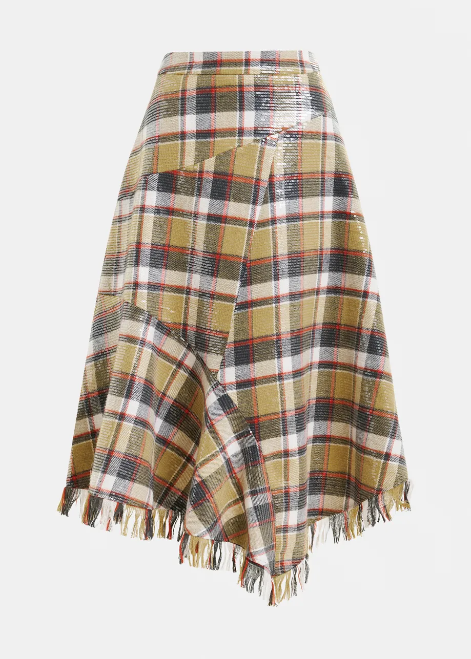 Khaki, dark blue and red check print midi skirt with fringed hemline and sequin embellishments