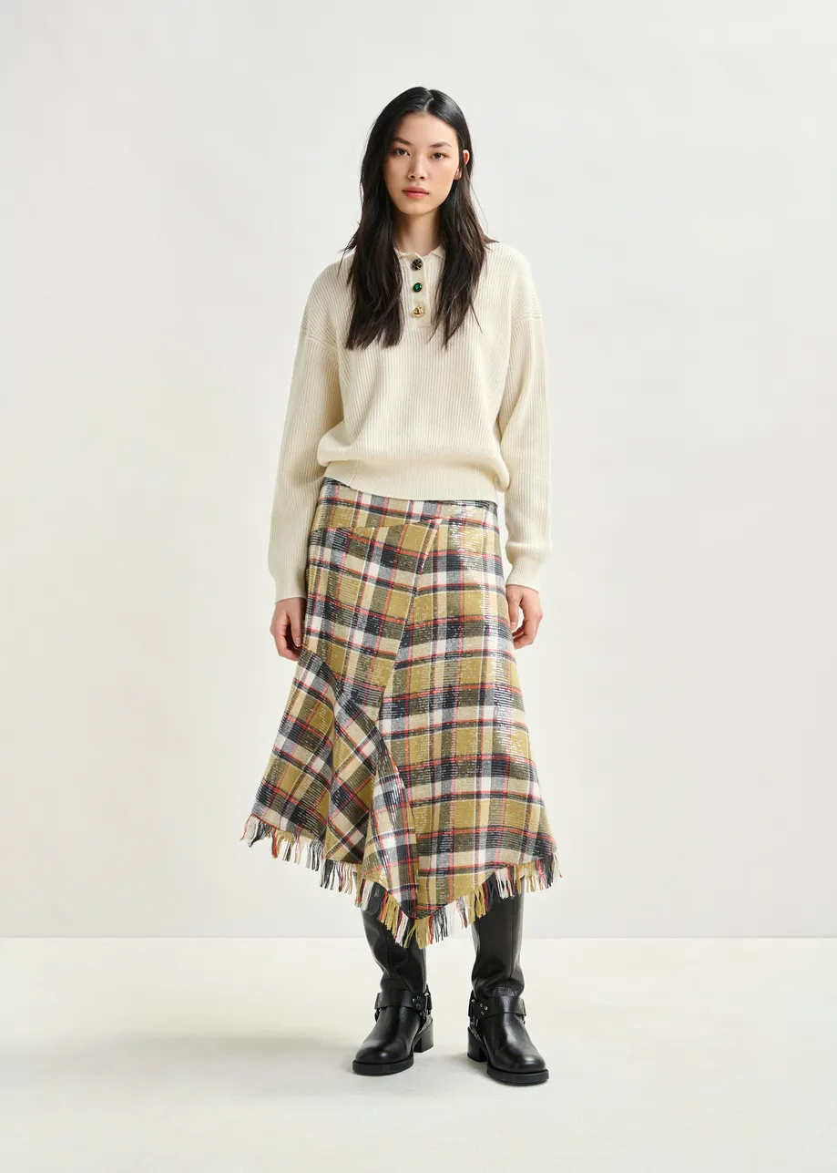 Khaki, dark blue and red check print midi skirt with fringed hemline and sequin embellishments